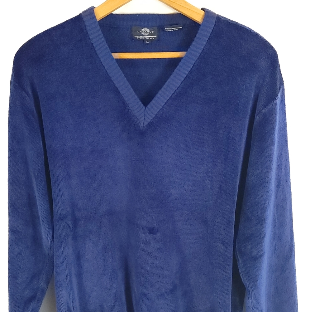 Vtg Lazarus Sweater Men's Large Navy Blue Velour Pullover V Neck Retro